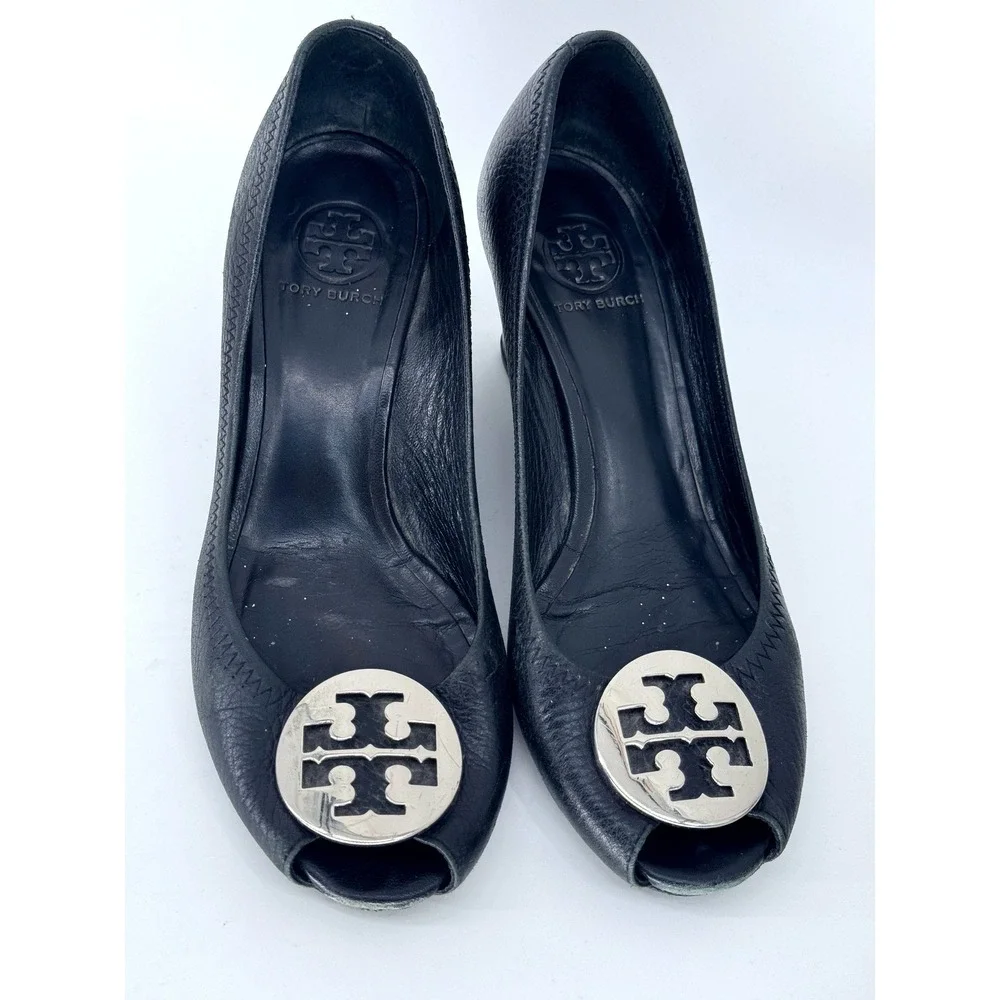 Tory Burch Wedge Heels Women 5 Black Leather Peep Toe Logo Medallion